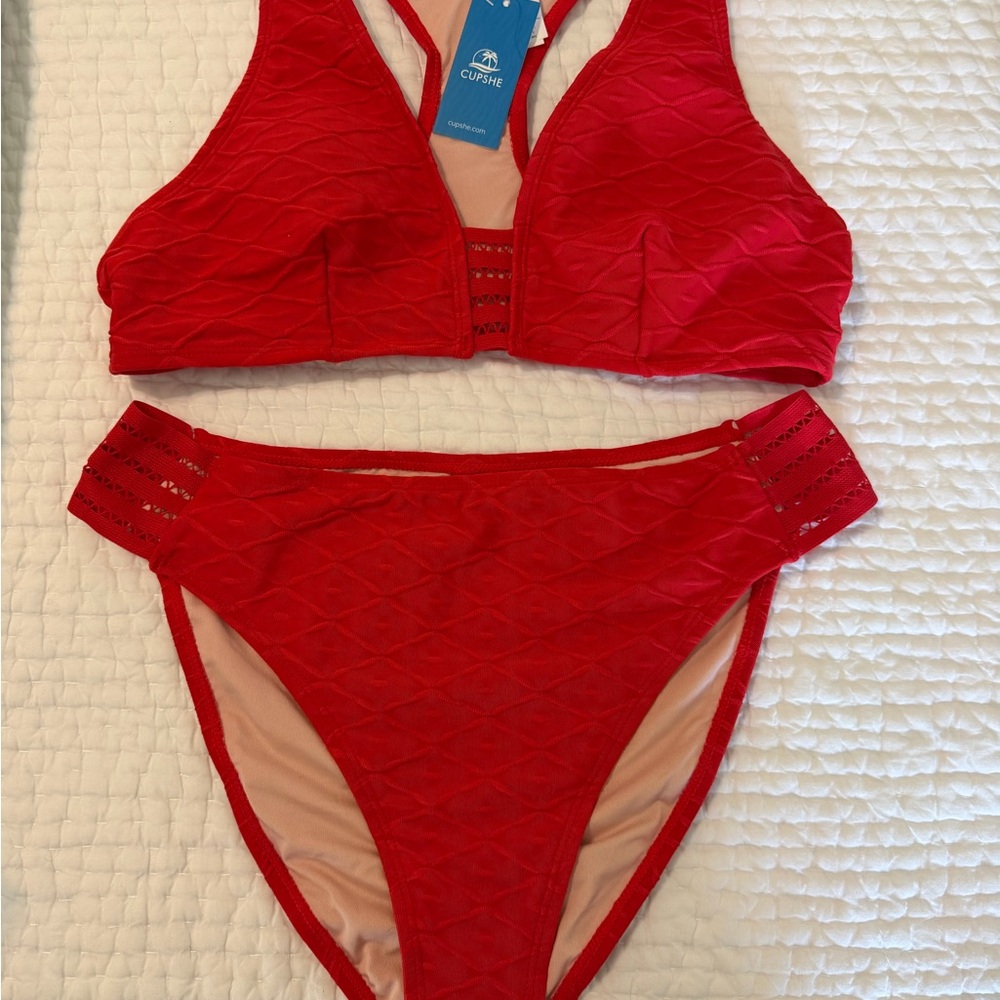 Cupshe Vibrant Red Textured Bikini Set